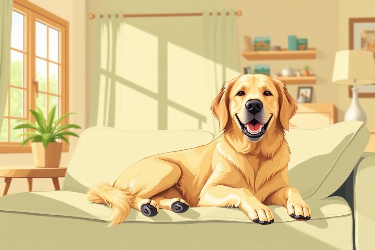 Happy dog relaxing on a couch